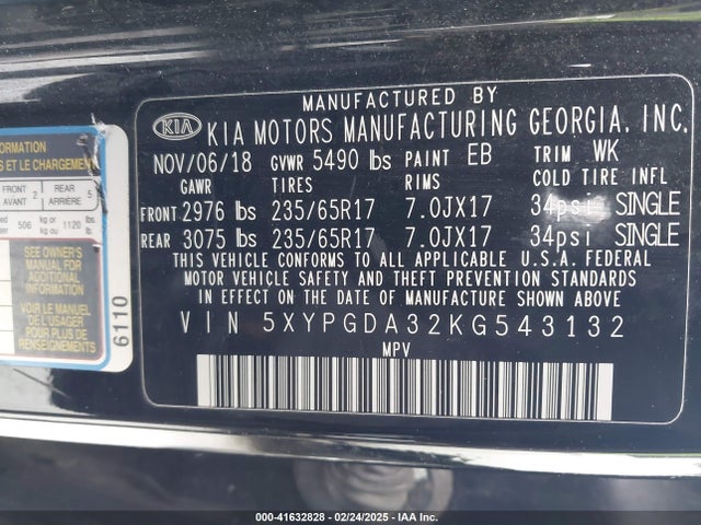 5XYPGDA32KG543132 KIA Sorento 2.4l Lx