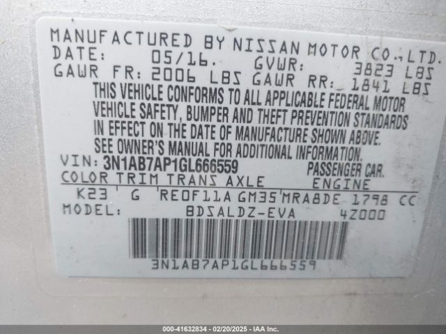3N1AB7AP1GL666559 Nissan Sentra Fe+ S/s/sl/sr/sv