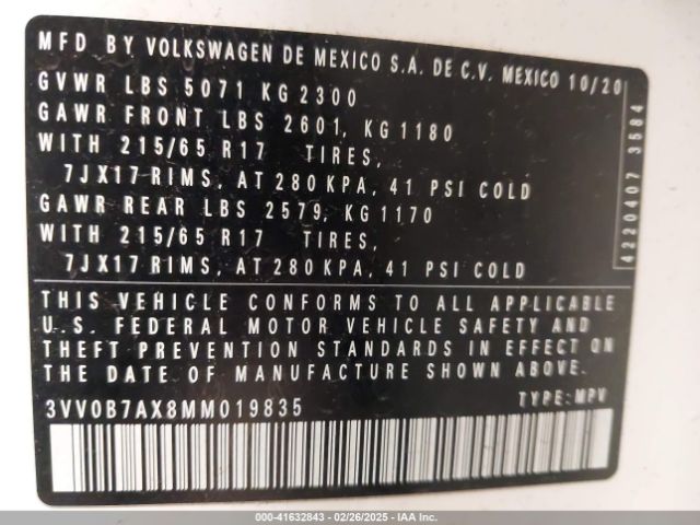 3VV0B7AX8MM019835 Volkswagen Tiguan 2.0t S