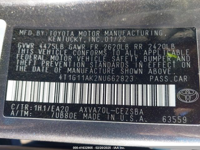 4T1G11AK2NU662823 Toyota CAMRY SE