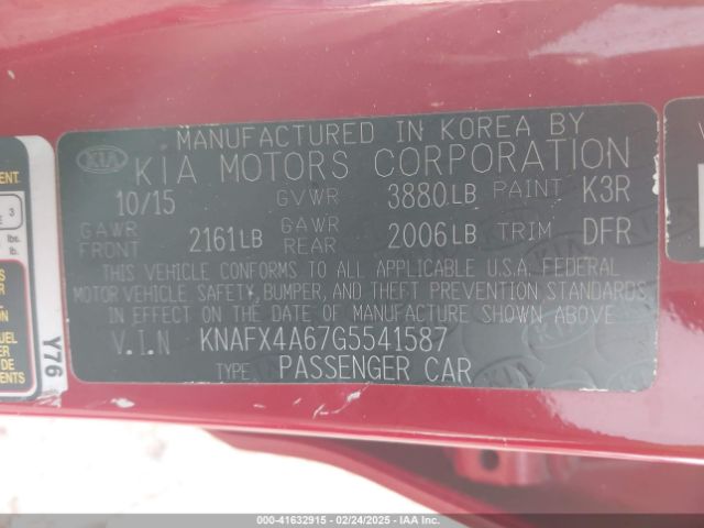 KNAFX4A67G5541587 KIA FORTE LX