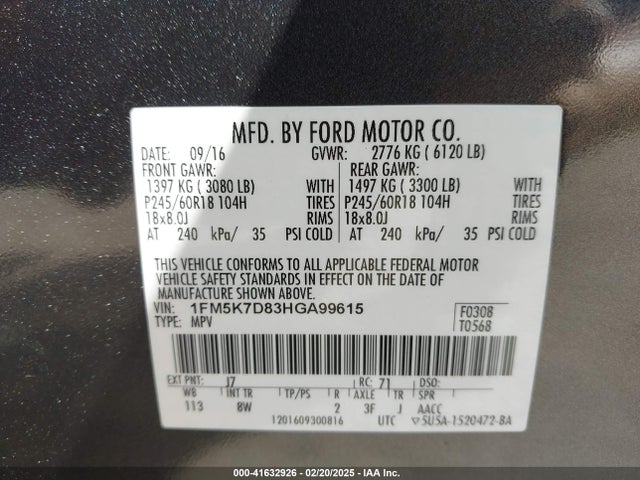 1FM5K7D83HGA99615 Ford EXPLORER XLT