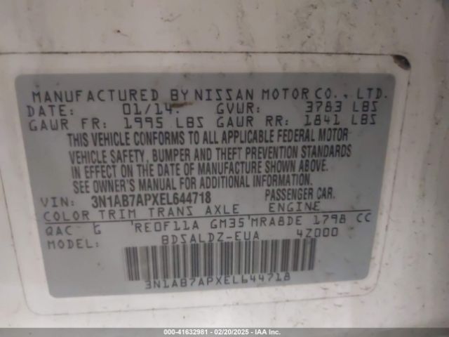 3N1AB7APXEL644718 Nissan Sentra Fe+ S/fe+ Sv/s/sl/sr/sv