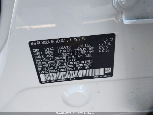 3CZRU6H31NM768923 Honda Hr-v Awd Lx
