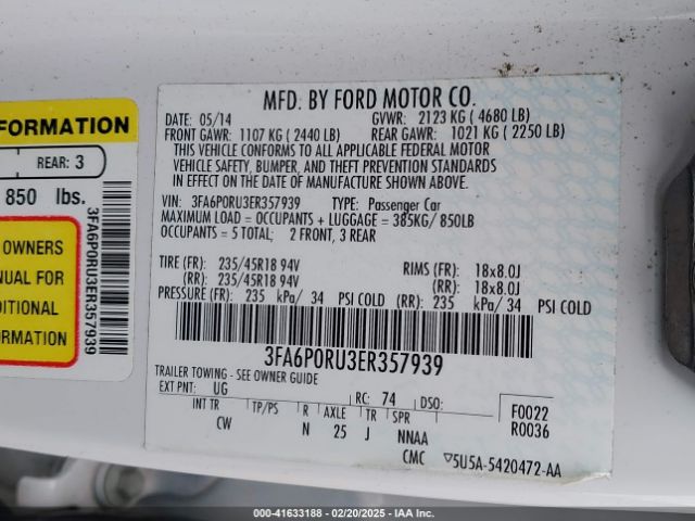 3FA6P0RU3ER357939 Ford Fusion Hybrid Titanium