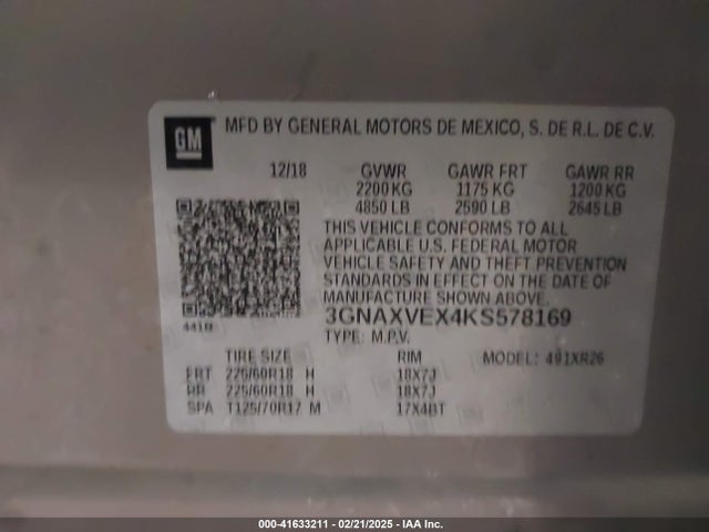 3GNAXVEX4KS578169 Chevrolet EQUINOX LT