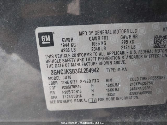 3GNCJKSB3GL254942 Chevrolet Trax 1ls