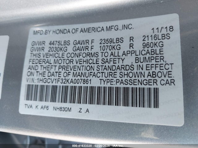 1HGCV1F32KA007861 Honda Accord Sport