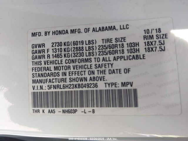 5FNRL6H23KB049236 Honda ODYSSEY LX