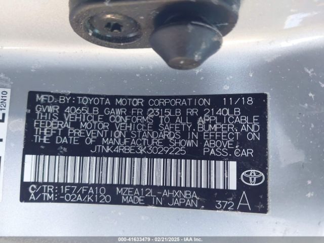 JTNK4RBE3K3029225 Toyota COROLLA SE