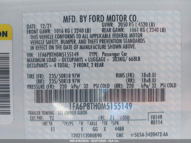 1FA6P8TH0M5155149 Ford Mustang Ecoboost Premium Fastback
