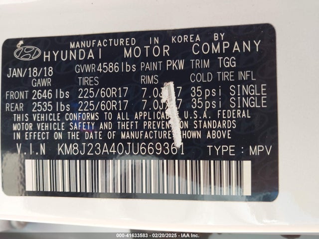 KM8J23A40JU669361 Hyundai TUCSON SE