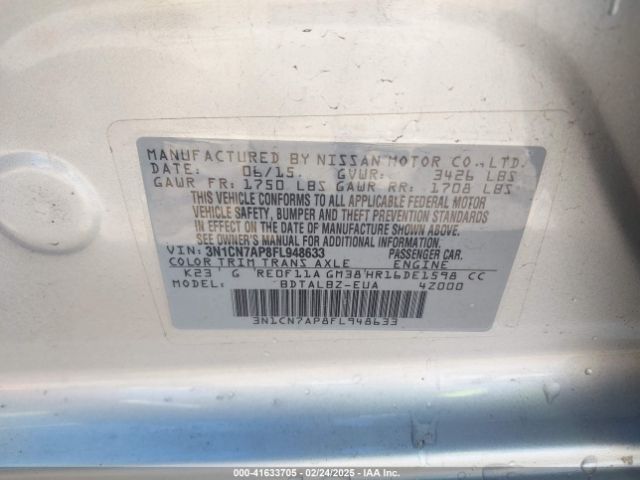 3N1CN7AP8FL948633 Nissan Versa 1.6 Sv