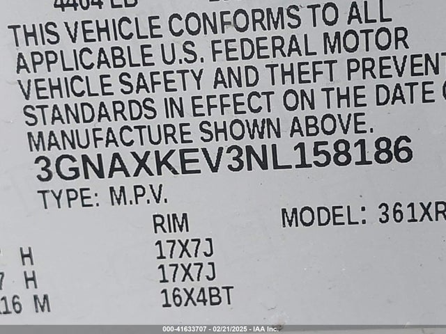 3GNAXKEV3NL158186 Chevrolet Equinox Fwd Lt