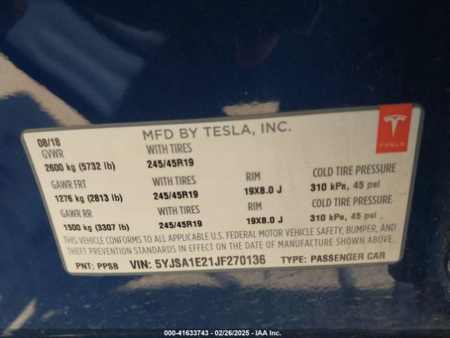 2018 TESLA MODEL S 5YJSA1E21JF270136 Photo 8