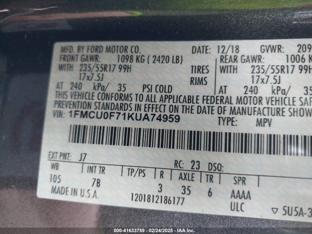 1FMCU0F71KUA74959 Ford ESCAPE S