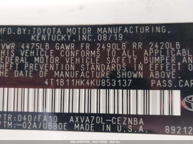 4T1B11HK4KU853137 Toyota CAMRY LE