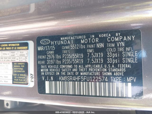 KM8SR4HF5FU122574 Hyundai Santa Fe Limited