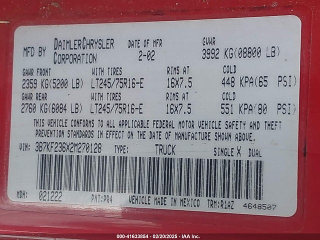 Aukcja sprzedaży 2002 Dodge Ram 2500 St, vin: 3B7KF236X2M270128, numer aukcji: 41633854