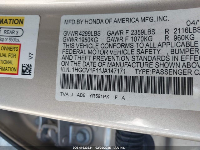 1HGCV1F11JA147171 Honda ACCORD LX