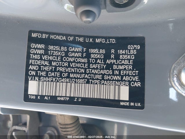 SHHFK7G49KU216857 Honda l15ba