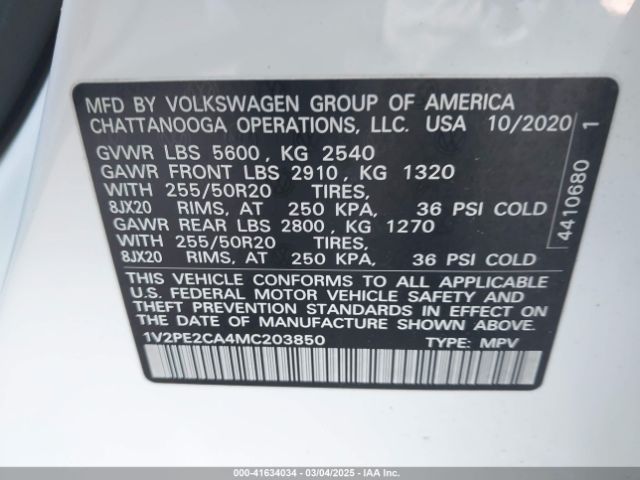 1V2PE2CA4MC203850 Volkswagen Atlas Cross Sport 3.6l V6 Se W/technology R-line