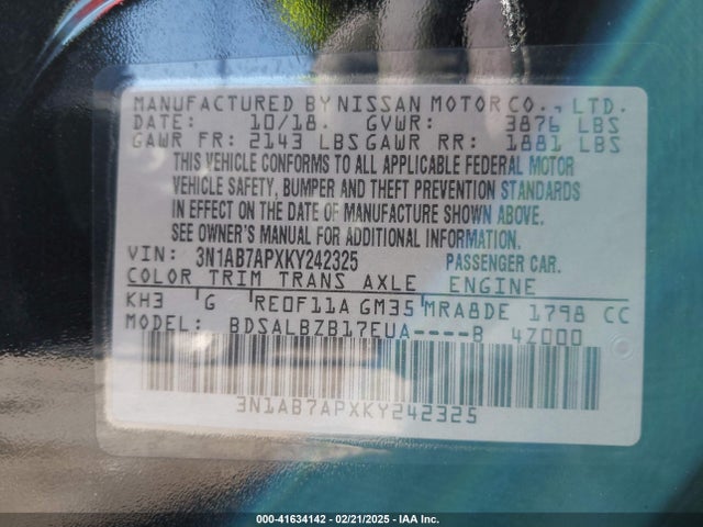 3N1AB7APXKY242325 Nissan SENTRA S