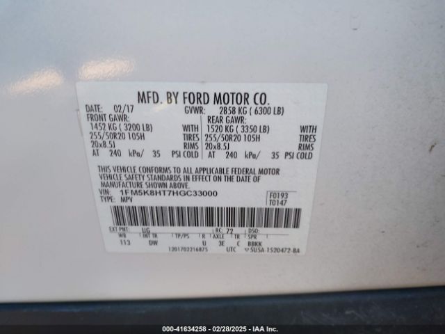 1FM5K8HT7HGC33000 Ford Explorer Platinum