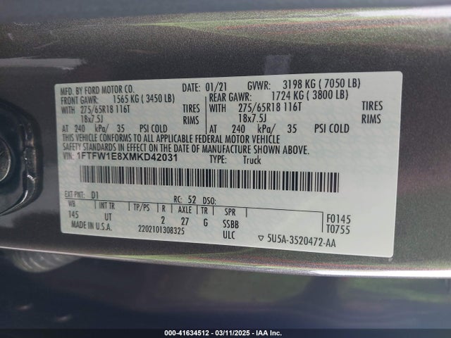 Aukcja sprzedaży 2021 Ford F-150 Xlt, vin: 1FTFW1E8XMKD42031, numer aukcji: 41634512