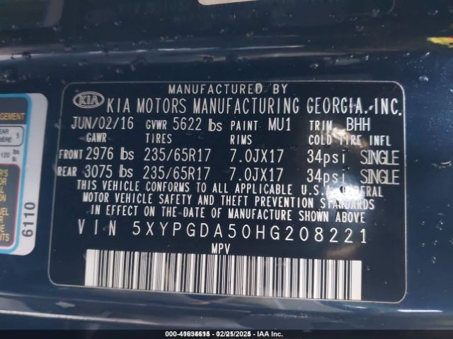 5XYPGDA50HG208221 KIA Sorento 3.3l Lx