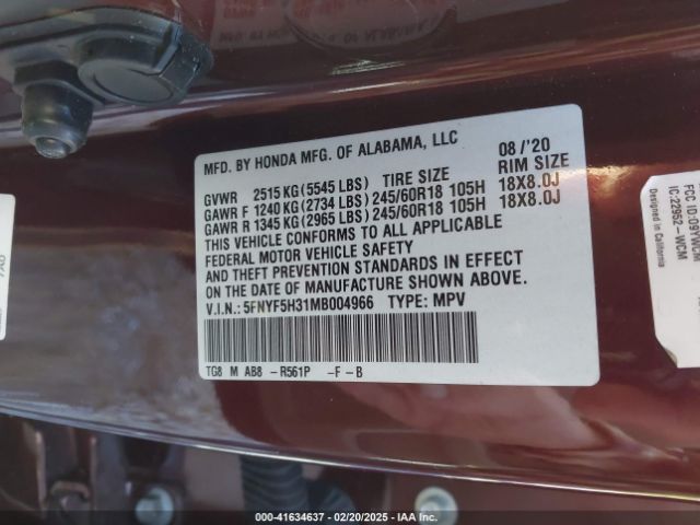5FNYF5H31MB004966 Honda Pilot 2wd Ex