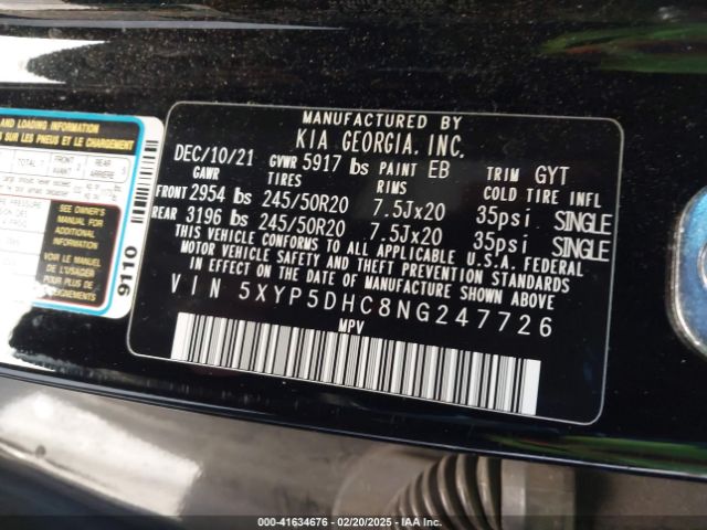 5XYP5DHC8NG247726 KIA Telluride Sx