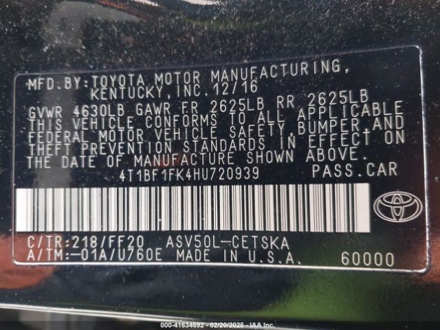 4T1BF1FK4HU720939 Toyota CAMRY SE