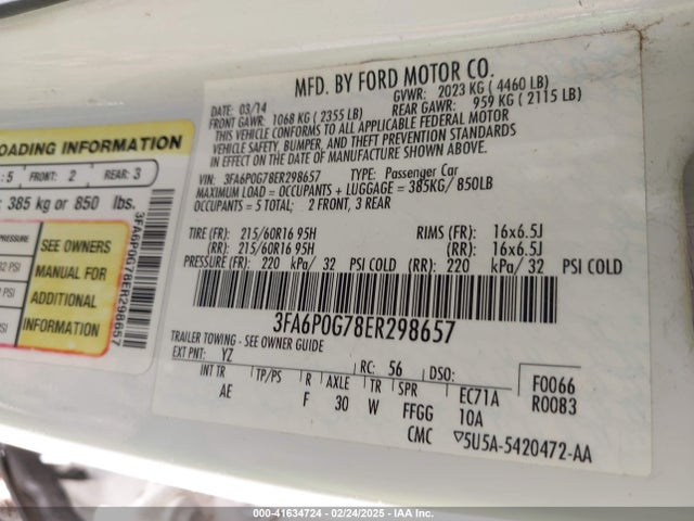 3FA6P0G78ER298657 Ford FUSION S
