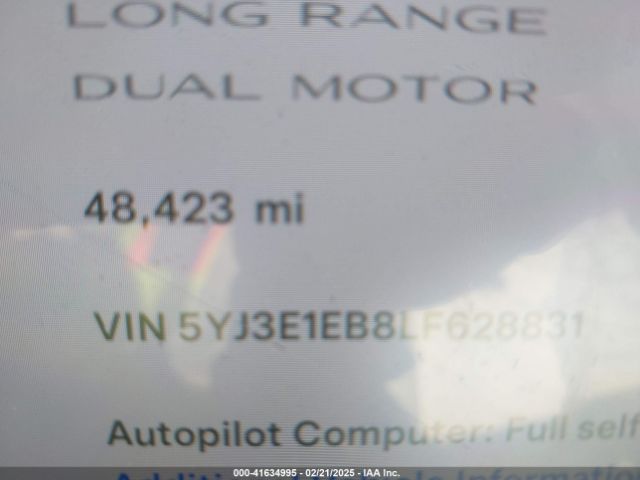 5YJ3E1EB8LF628831 Tesla Model 3 Long Range Dual Motor All-wheel Drive