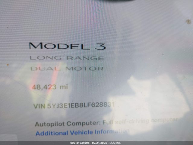 5YJ3E1EB8LF628831 Tesla Model 3 Long Range Dual Motor All-wheel Drive