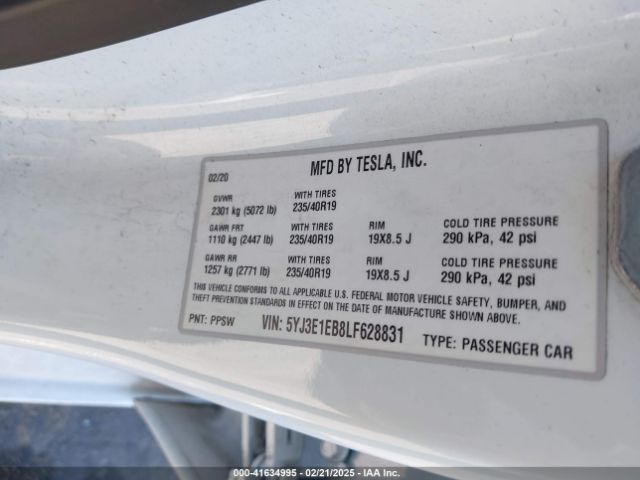 5YJ3E1EB8LF628831 Tesla Model 3 Long Range Dual Motor All-wheel Drive