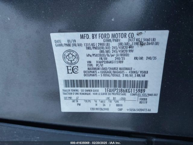 1FAHP2J86KG115989 Ford Taurus Limited
