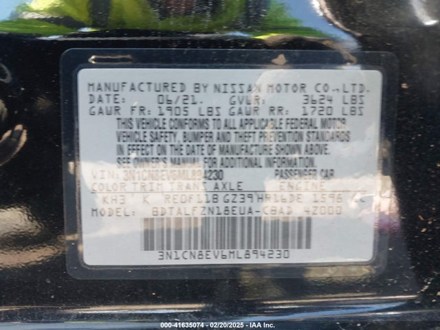 3N1CN8EV6ML894230 Nissan Versa Sv Xtronic Cvt