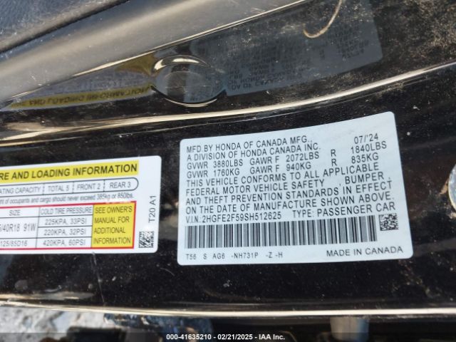 2HGFE2F59SH512625 Honda Civic Sport