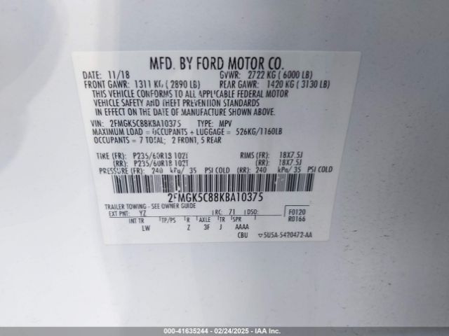2FMGK5C88KBA10375 Ford FLEX SEL