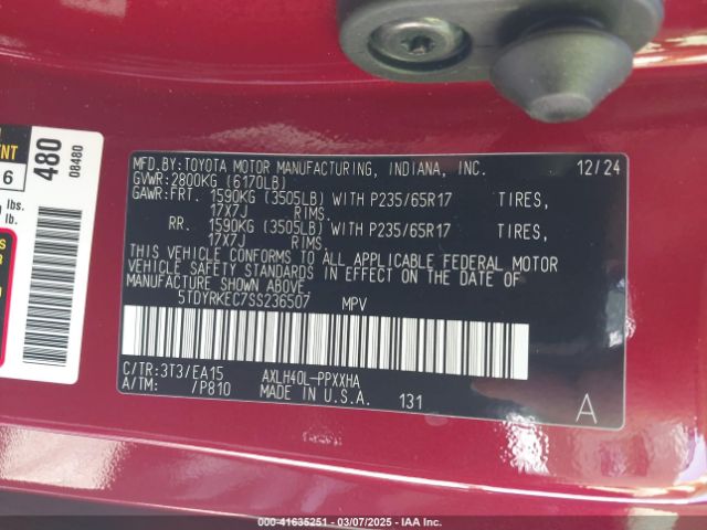 5TDYRKEC7SS236507 Toyota SIENNA XLE