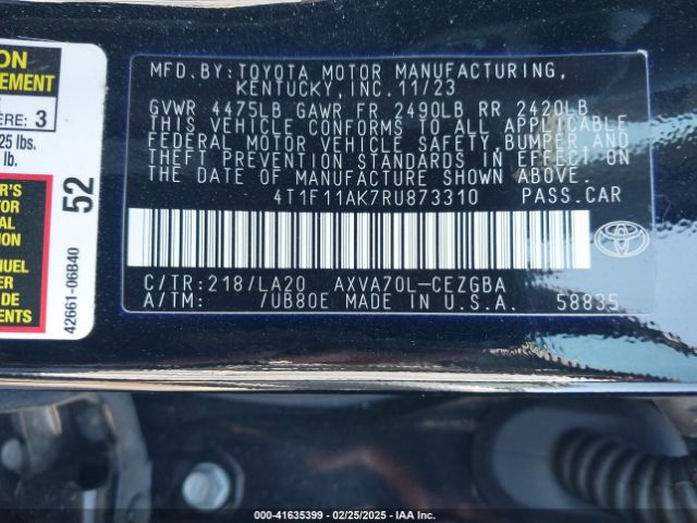 4T1F11AK7RU873310 Toyota CAMRY XLE