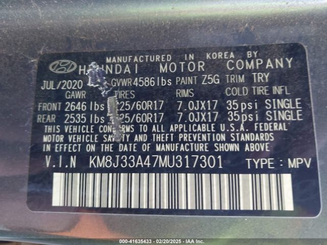 KM8J33A47MU317301 Hyundai Tucson Value
