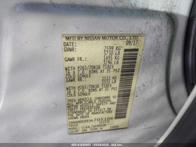 1N6AD0ER9JN705106 Nissan Frontier Sv