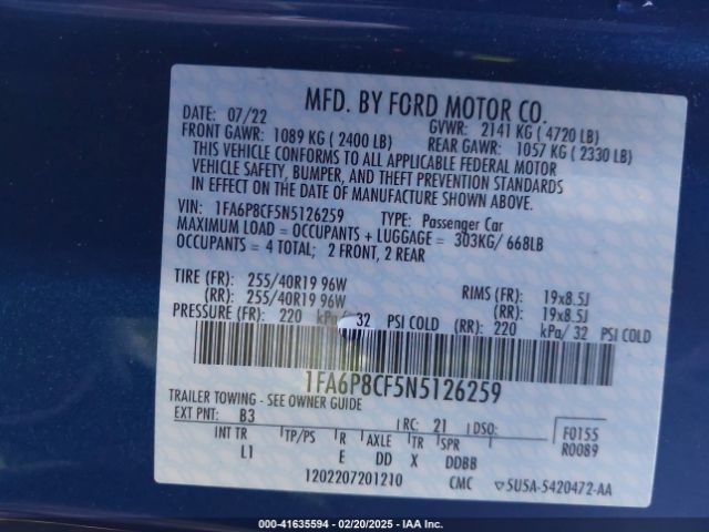 1FA6P8CF5N5126259 Ford Mustang Gt Premium Fastback