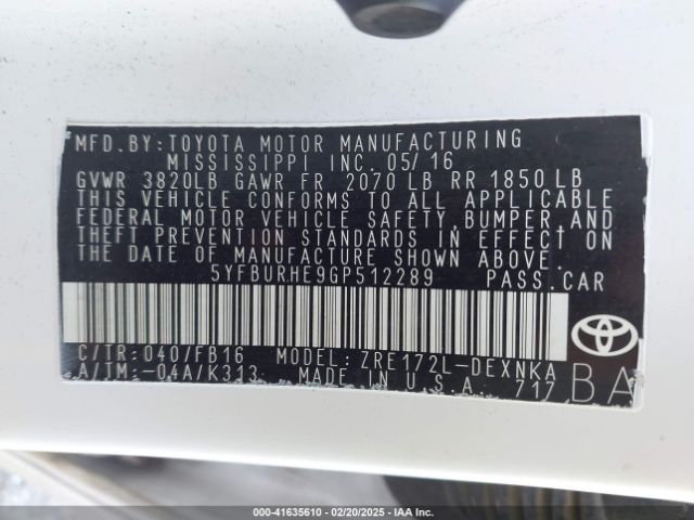 5YFBURHE9GP512289 Toyota Corolla Le Plus