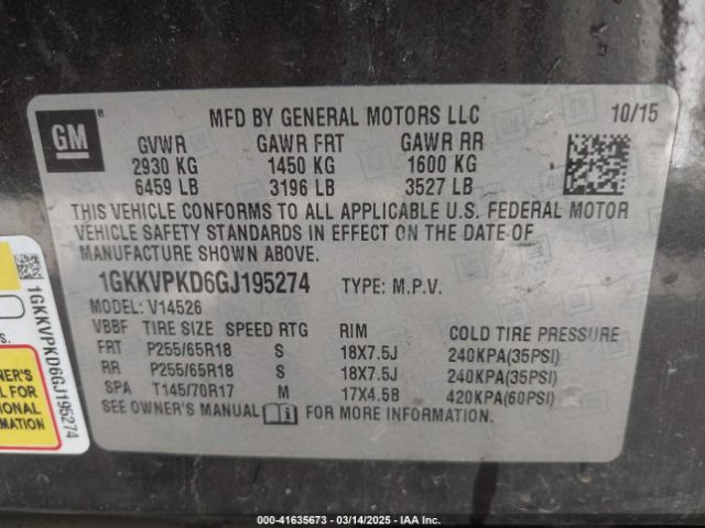 1GKKVPKD6GJ195274 GMC Acadia Sle-2