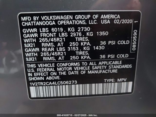 1V2TR2CA4LC506273 Volkswagen Atlas 3.6l V6 Sel Premium