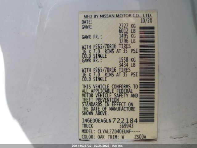 1N6ED0EA6LN722184 Nissan Frontier Sv 4x2